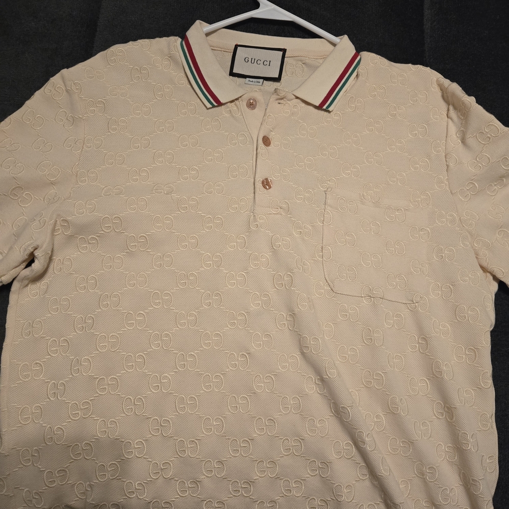 Gucci Beige GG Embossed Polo with Striped Collar